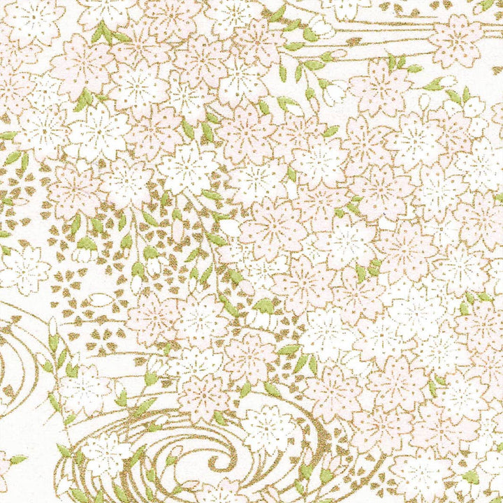 carré de 10cm par 10cm de papier japonais yuzen chiyogami aux motifs de nuée de fleurs de cerisier dans les tons blanc nacré, rose pâle, vert tilleul et dorés adeline klam (M1025)