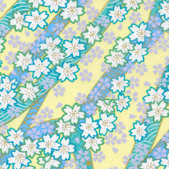 Japanese Paper - Floral Ripples - Yellow Green, Mauve Blue, Water Green, Lilac and Gold - M1001