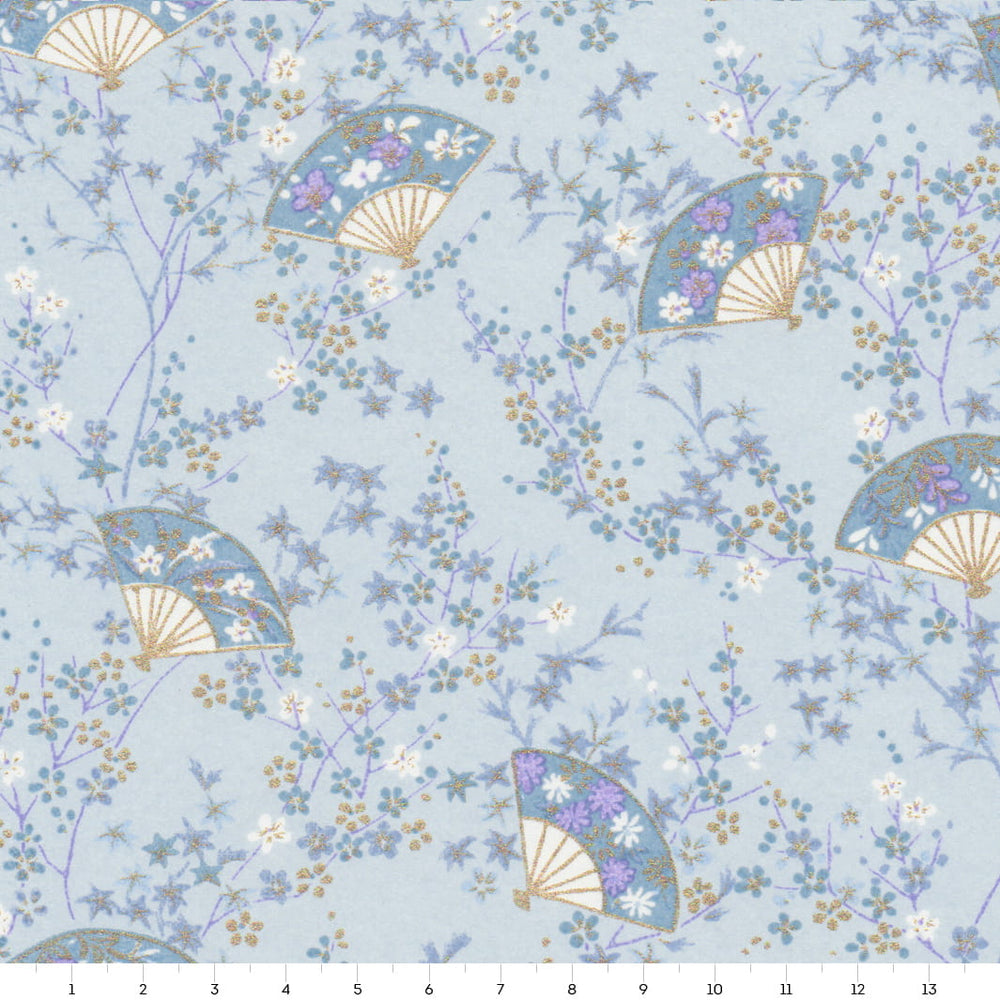 carré de 10cm par 10cm de papier japonais yuzen chiyogami aux motifs « 4 saisons » dans les tons bleu gris, bleu clair et foncé, violets et dorés adeline klam (M1034)