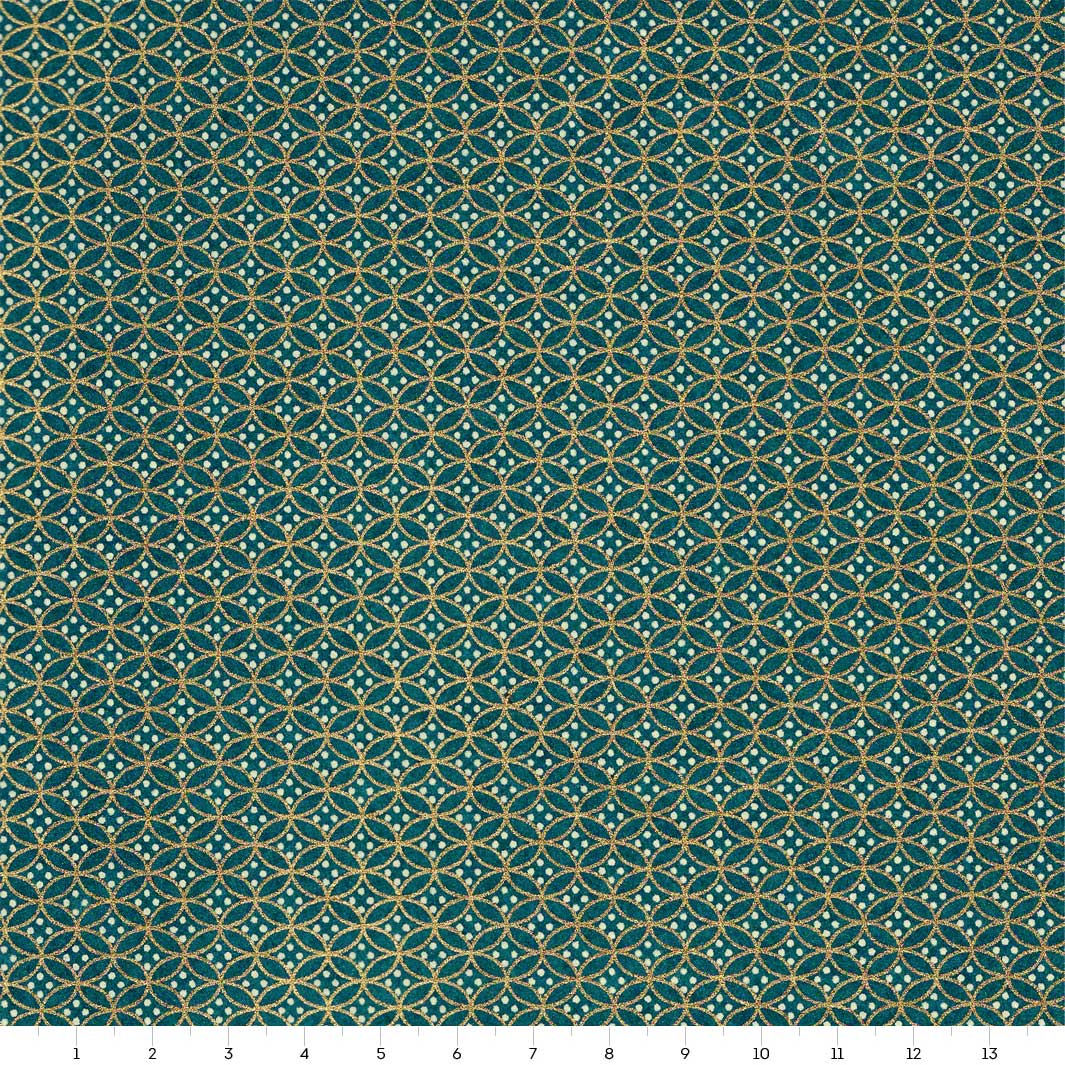 carré de 14cm par 14cm de papier japonais yuzen chiyogami aux motifs d'ellipses dans les tons bleu canard et dorés adeline klam (M652)