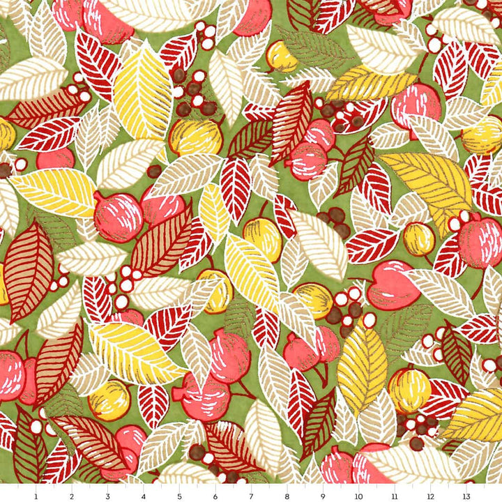 carré de 14cm par 14cm de papier japonais yuzen chiyogami aux motifs de feuilles, de baies et de fruits dans les tons corail, jaunes et verts adeline klam (M830)