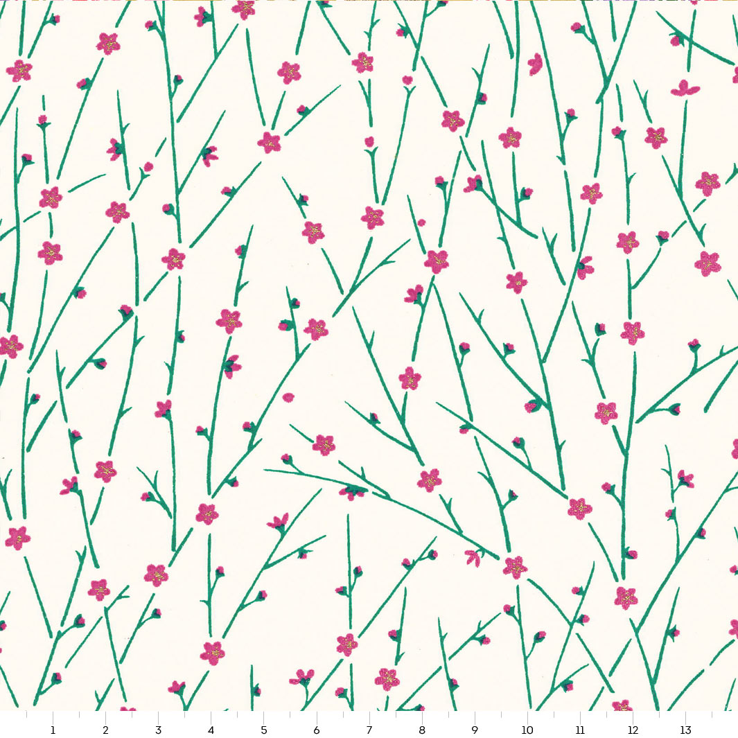 carré de 14cm par 14cm de papier japonais yuzen chiyogami aux motifs de fines branches en fleurs dans tons blanc crème, magenta et vert menthe adeline klam (M1047)