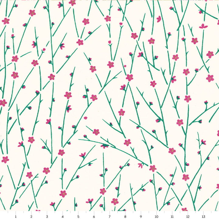 carré de 14cm par 14cm de papier japonais yuzen chiyogami aux motifs de fines branches en fleurs dans tons blanc crème, magenta et vert menthe adeline klam (M1047)