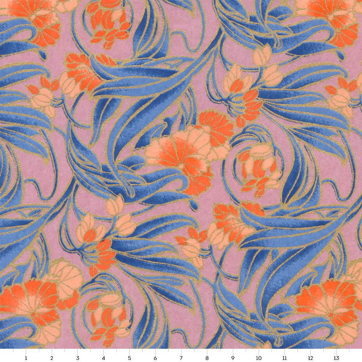 carré de 14cm par 14cm de papier japonais yuzen chiyogami aux motifs de fleurs « art nouveau » mauves, bleus, corail et dorés adeline klam (M988)