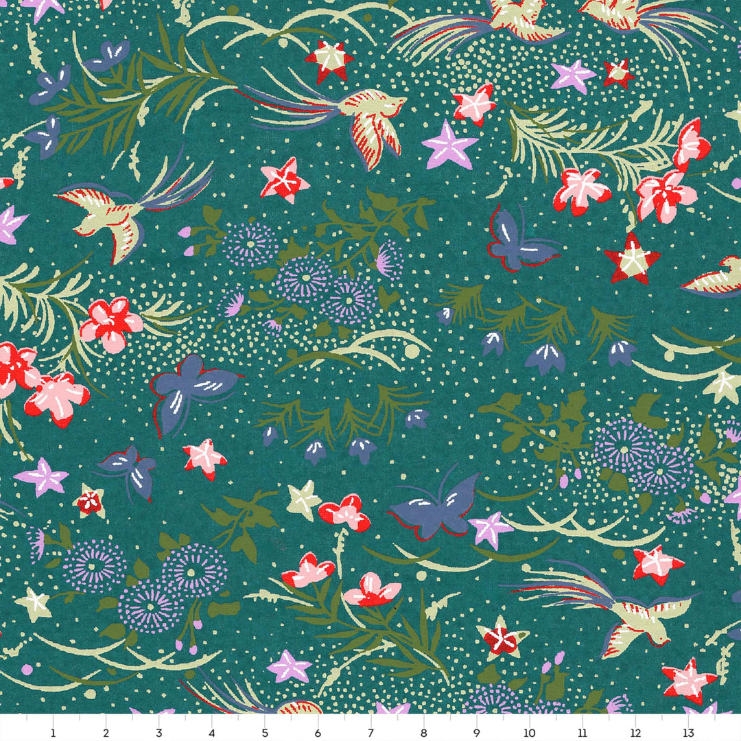 carré de 14cm par 14cm de papier japonais yuzen chiyogami aux motifs de fleurs, d'oiseaux et de papillons dans les bleu canard, violets, vert clair et foncé, jaune pâle adeline klam (M1066)
