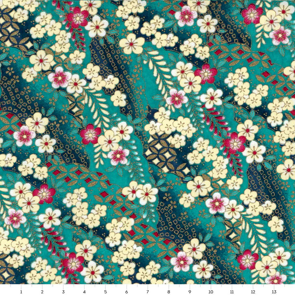 carré de 10cm par 10cm de papier japonais yuzen chiyogami aux motifs de fleurs de prunier et nuages à motifs bleu turquoise, jaune pâle, rose fuchsia et dorés adeline klam (M1031)