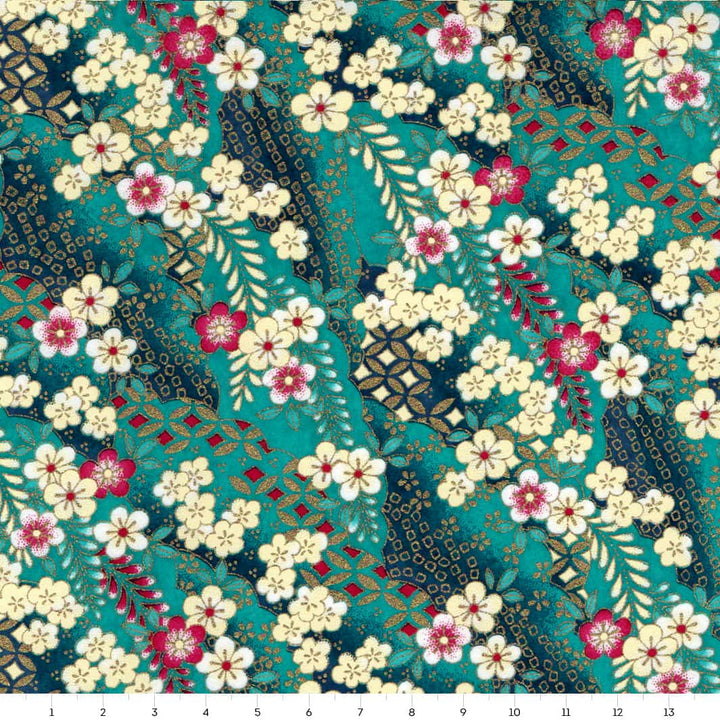 carré de 10cm par 10cm de papier japonais yuzen chiyogami aux motifs de fleurs de prunier et nuages à motifs bleu turquoise, jaune pâle, rose fuchsia et dorés adeline klam (M1031)