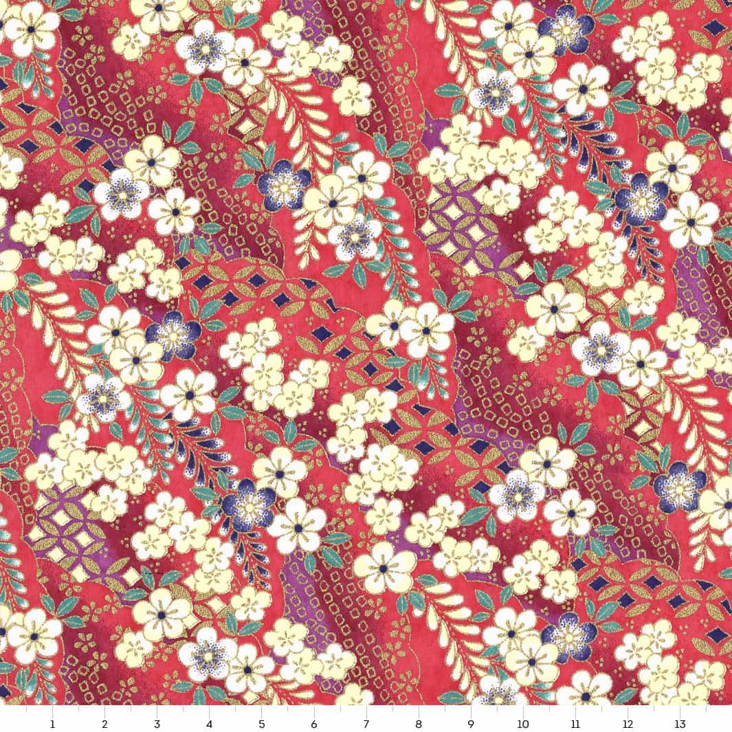 carré de 14cm par 14cm de papier japonais yuzen chiyogami aux motifs de fleurs de prunier et nuages à motifs rouge cerisier, bleu nuit, bleu canard et jaune pâle adeline klam (M1052)
