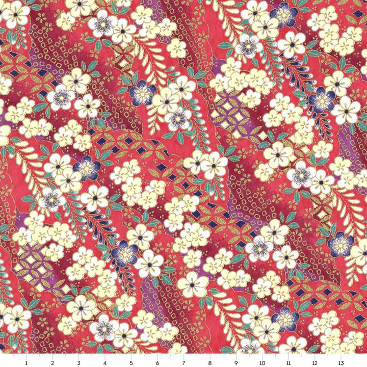 carré de 14cm par 14cm de papier japonais yuzen chiyogami aux motifs de fleurs de prunier et nuages à motifs rouge cerisier, bleu nuit, bleu canard et jaune pâle adeline klam (M1052)