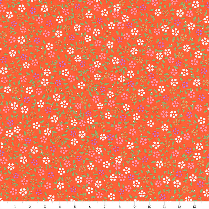 carré de 14cm par 14cm de papier japonais yuzen chiyogami au motif de mini fleurs de cerisier sur fond rouge orange adeline klam (M964)