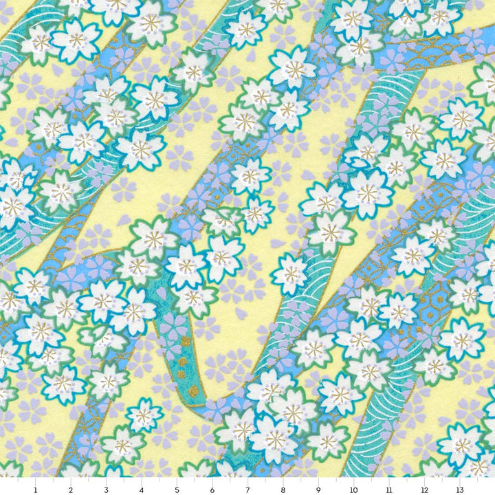 Japanese Paper - Floral Ripples - Yellow Green, Mauve Blue, Water Green, Lilac and Gold - M1001