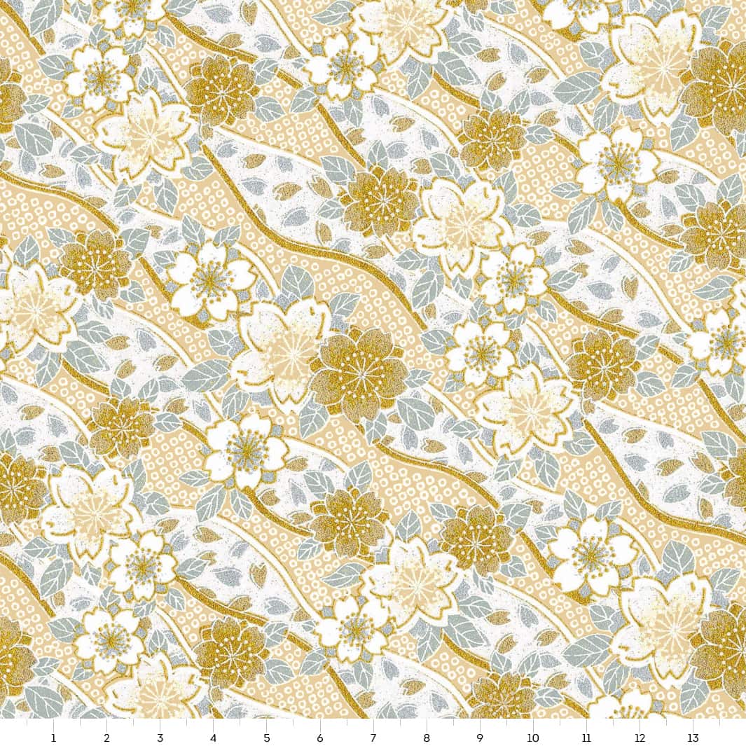 carré de 10cm par 10cm de papier japonais yuzen chiyogami aux motifs d'ondulations fleuries de cerisier et de petits losanges kanoko dans les tons dorés, argentés et blancs adeline klam (M1049)