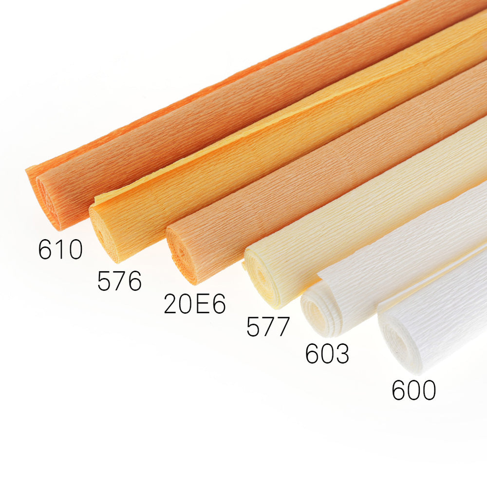 6 rouleaux de papiers crépon dans les tons blancs, crème, jaunes et orange (610, 576, 20E6, 577, 603 et 600)