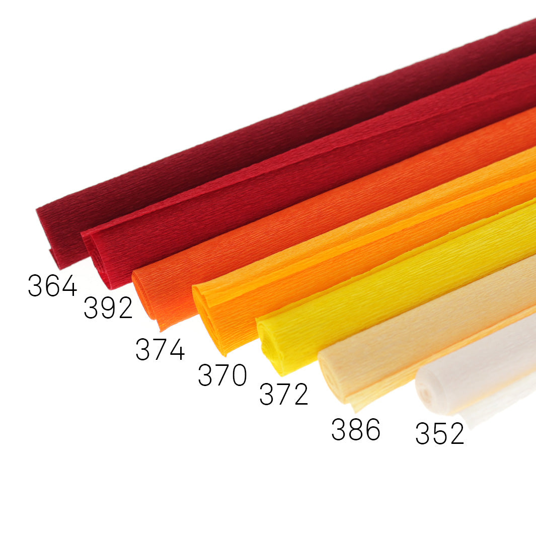 6 rouleaux de papiers crépon fin dans différents tons jaunes, orange et rouges (364, 392, 374, 370, 372, 386 et 352)