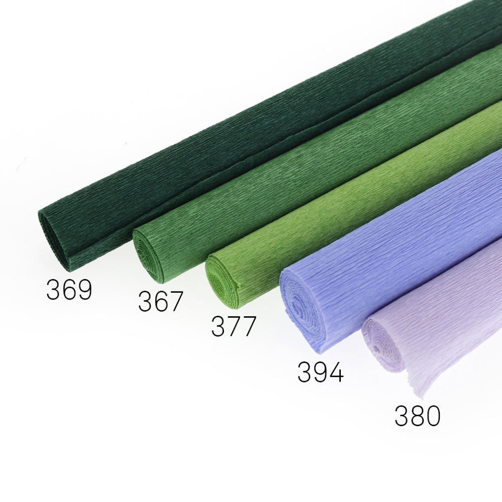 5 rouleaux de papiers crépon fins dans différents tons de violets, bleus et verts (369, 367, 377, 394 et 380)