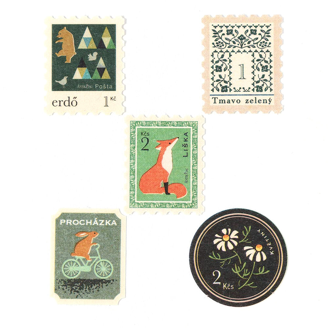 photo packshot des 5 modèles de timbres du lot de 20 stickers en forme de timbres vintages verts de nb bo., ltd. japan