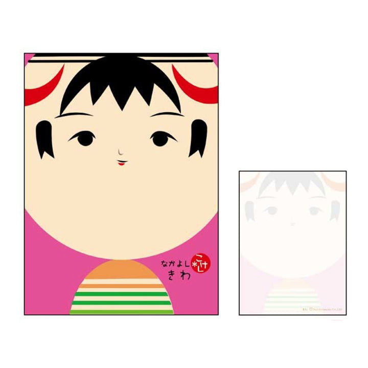 image packshot du bloc-notes de 70 feuilles au motif de kokeshi sur fond rose