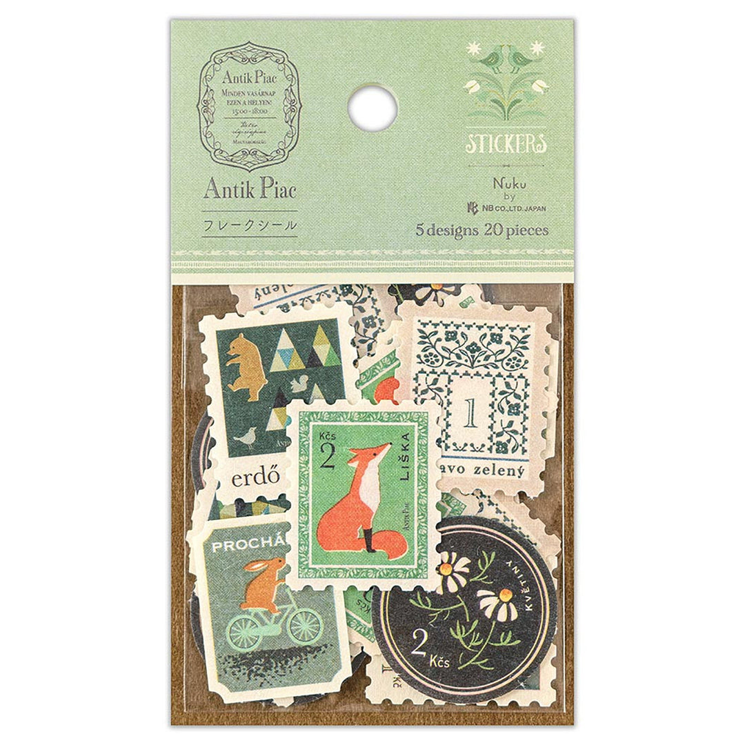 photo packshot recto du packaging du lot de 20 stickers en forme de timbres vintages verts de nb bo., ltd. japan
