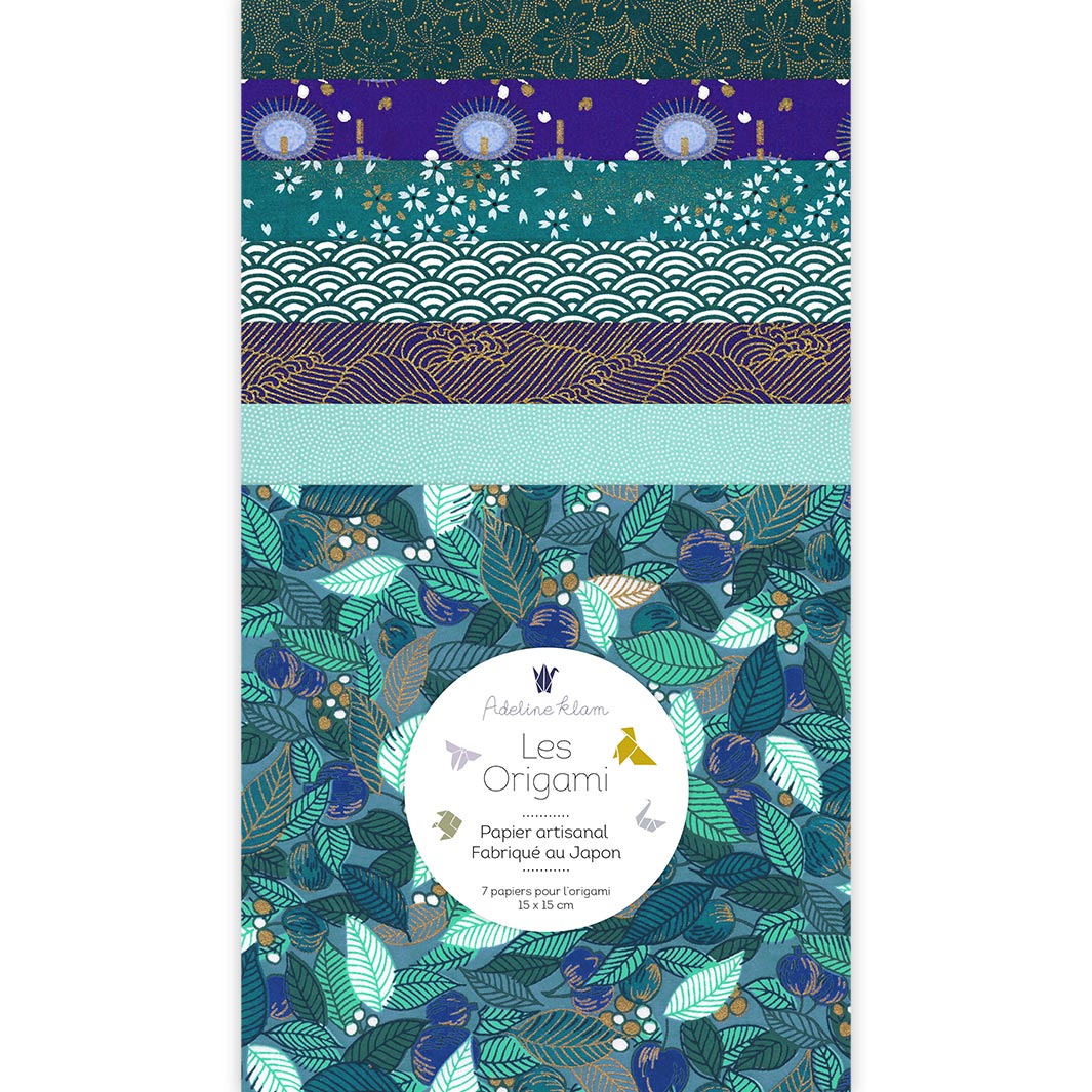 image packshot du set de 7 carrés de papiers japonais adeline klam de 15cm par 15cm dans les tons bleu canard, vert d'eau et bleu nuit « songe » (Z15) adeline klam