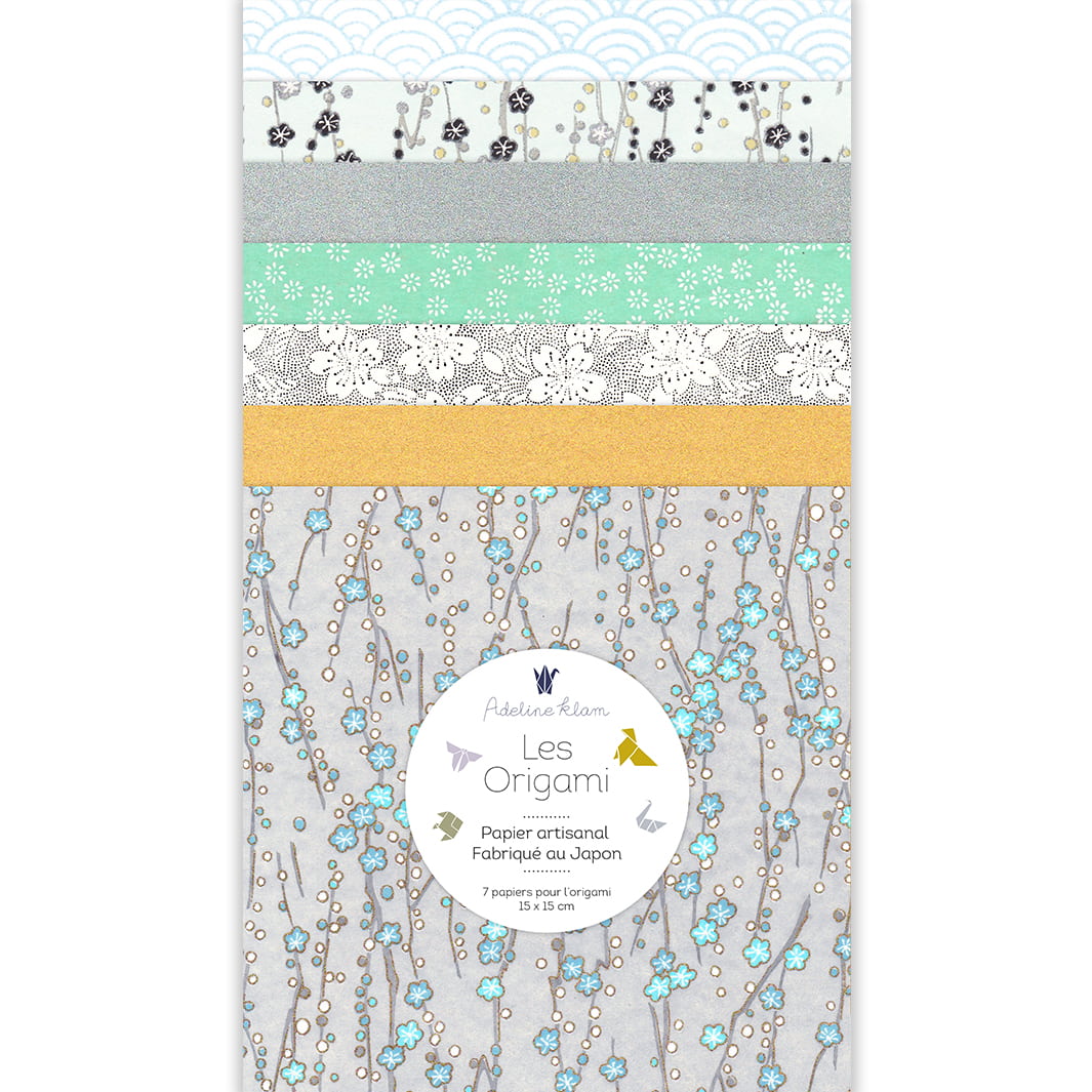 image packshot du set de 7 carrés de papiers japonais adeline klam de 15cm par 15cm dans les tons gris perle, vert d'eau, bleu ciel, argentés et dorés « aigue-marine » (U11) adeline klam