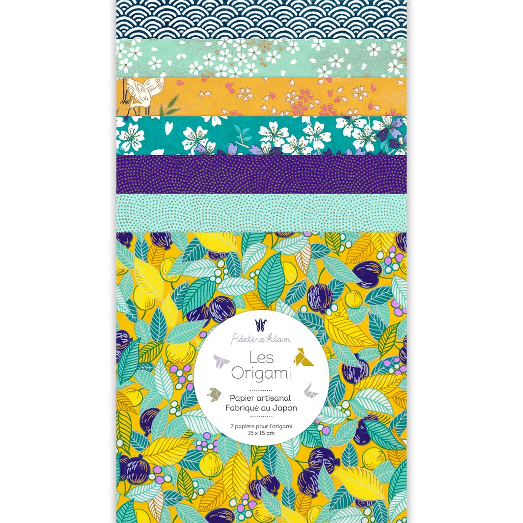 image packshot du set de 7 carrés de papiers japonais adeline klam de 15cm par 15cm dans les tons jaune moutarde, bleu turquoise, bleu nuit et vert d'eau « cédrat » (U5) adeline klam (juin 2026)