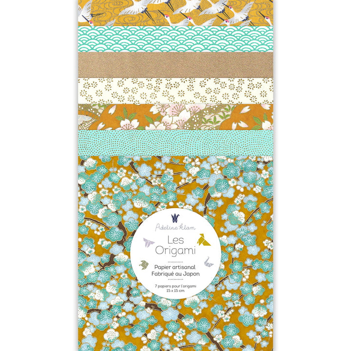 image packshot du set de 7 carrés de papiers japonais adeline klam de 15cm par 15cm dans les tons jaune moutarde, jaune caramel, vert d'eau, vert menthe et dorés « pollen » (U9) adeline klam