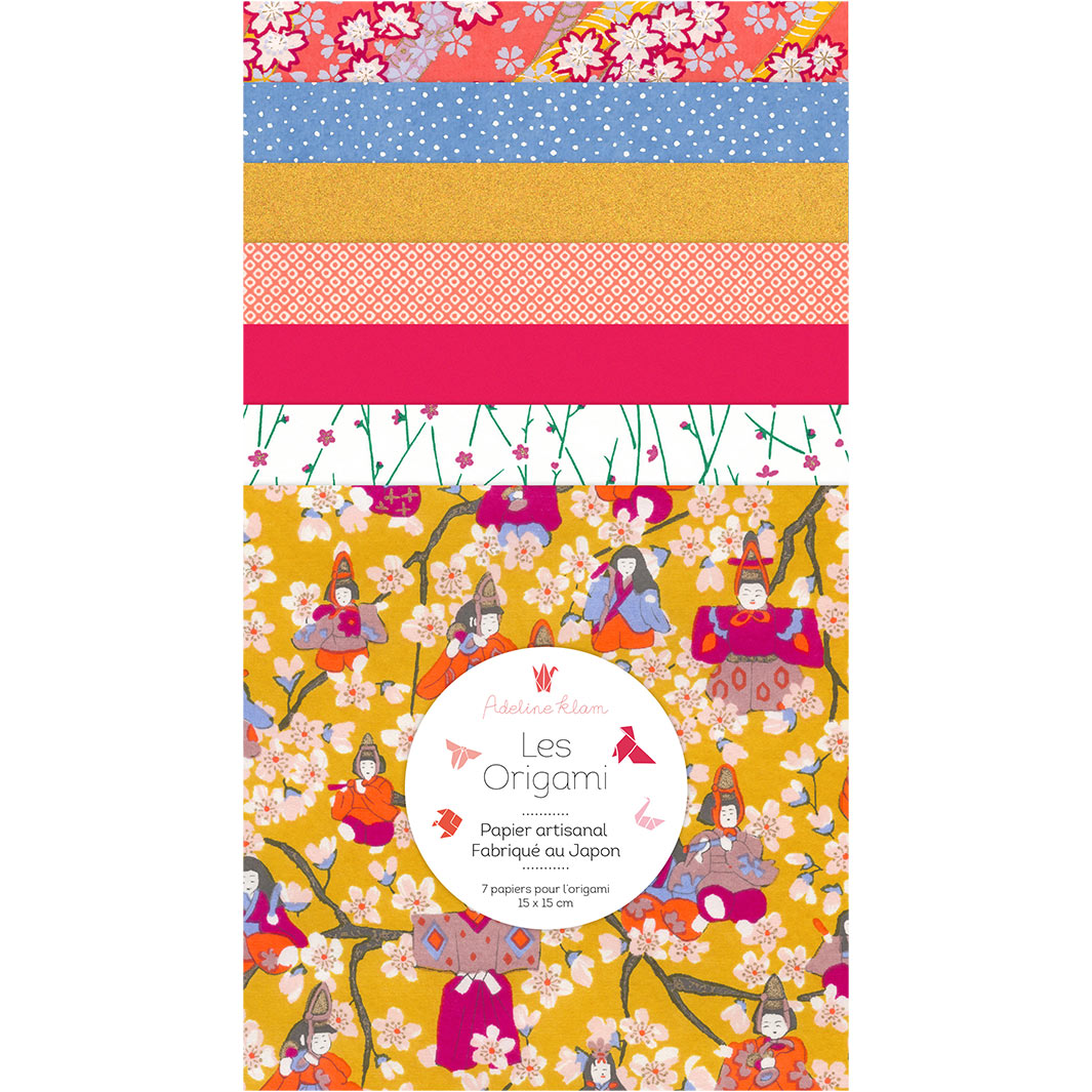 image packshot du set de 7 carrés de papiers japonais adeline klam de 15cm par 15cm dans les tons jaune moutarde, corail, rose fuchsia et bleu gris « fruité » (A14) adeline klam