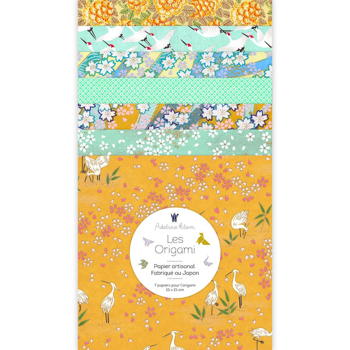 image packshot du set de 7 carrés de papiers japonais adeline klam de 15cm par 15cm dans les tons jaune moutarde, vert d'eau et bleu turquoise « oasis » (U7) adeline klam