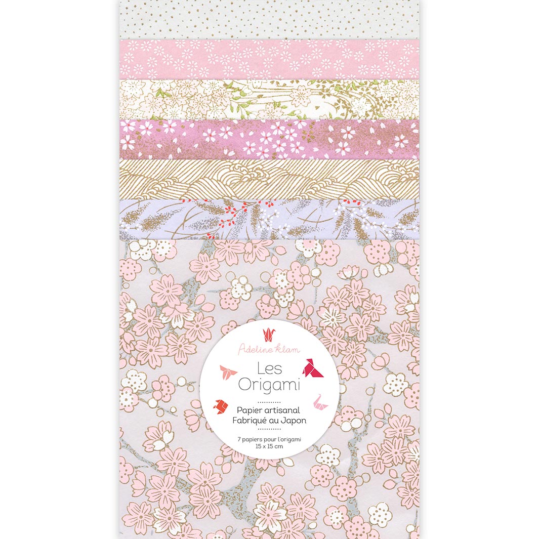 image packshot du set de 7 carrés de papiers japonais adeline klam de 15cm par 15cm dans les rose clair, blanc crème, gris perle et dorés « dragée » (C7) adeline klam