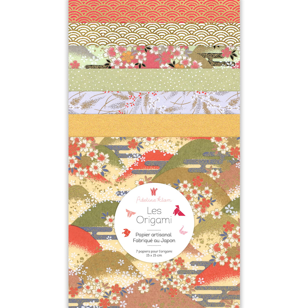 image packshot du set de 7 carrés de papiers japonais adeline klam de 15cm par 15cm dans les tons rouge orange, vert amande et dorés « récolte » (A13) adeline klam (juin 2026)