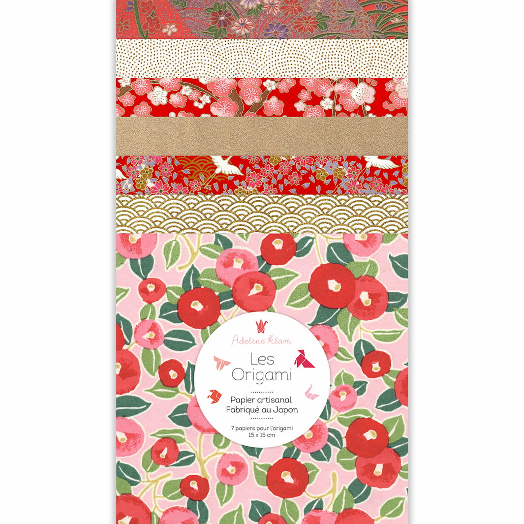 image packshot du set de 7 carrés de papiers japonais adeline klam de 15cm par 15cm dans les tons rouges, roses et dorés « vermillon » (C10) adeline klam