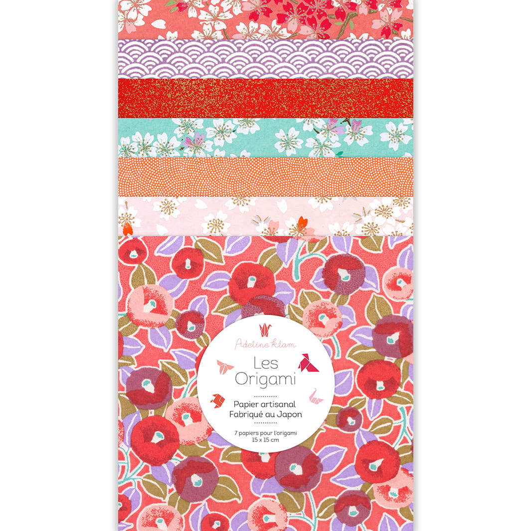image packshot du set de 7 carrés de papiers japonais adeline klam de 15cm par 15cm dans les tons rouge rose, violet mauve, orange pastel et vert menthe « hibiscus » (C9) adeline klam