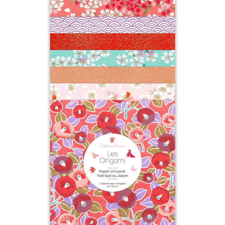 image packshot du set de 7 carrés de papiers japonais adeline klam de 15cm par 15cm dans les tons rouge rose, violet mauve, orange pastel et vert menthe « hibiscus » (C9) adeline klam