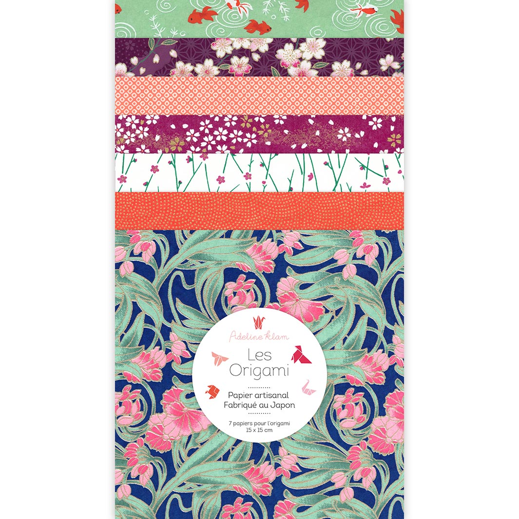 image packshot du set de 7 carrés de papiers japonais adeline klam de 15cm par 15cm dans les tons vert, violet prune, orange et bleu foncé « amarante » (L7) adeline klam