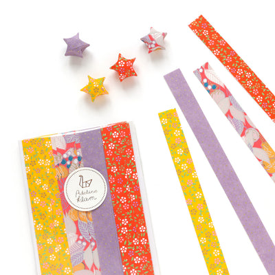packaging du kit d'étoiles en origami et papier japonais jaunes, roses, mauve et rouge « pondichéry » adeline klam