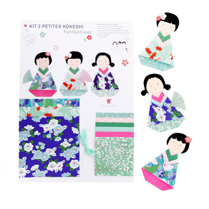 photo packshot et kokeshi montées du kit 3 petites kokeshi dans les tons bleu nuit, verts et rose fluo de la gamme « fantastique » adeline klam