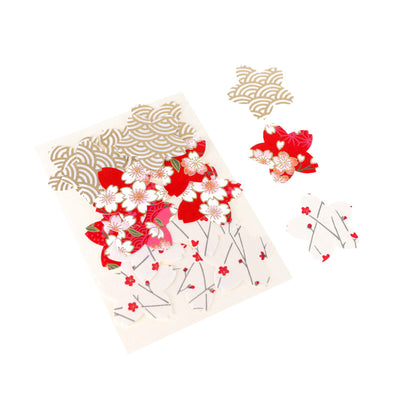 lot de 18 stickers en papier japonais en forme de fleurs de cerisier dans les tons blanc cassé, rouges et dorés adeline klam (N1)