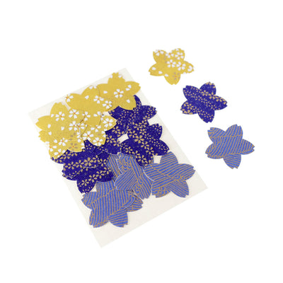 lot de 18 stickers en papier japonais en forme de fleurs de cerisier dans les tons jaune moutarde, bleu nuit et dorés adeline klam (X1)
