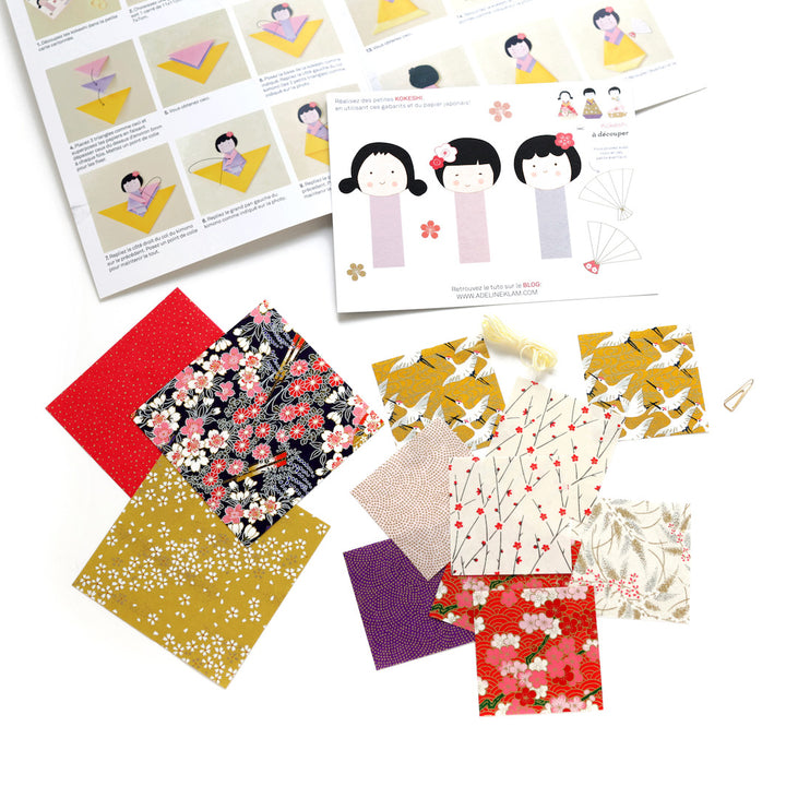 matériel et intérieur du kit 3 petites kokeshi dans les tons violets, rouges, roses, jaune moutarde, crème de la gamme « kimono » adeline klam