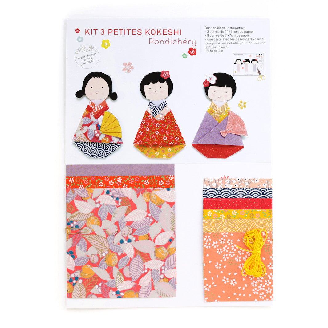 photo packshot du kit 3 petites kokeshi dans les tons roses, jaune moutarde, corail, mauve et bleu marine de la gamme « pondichéry » adeline klam