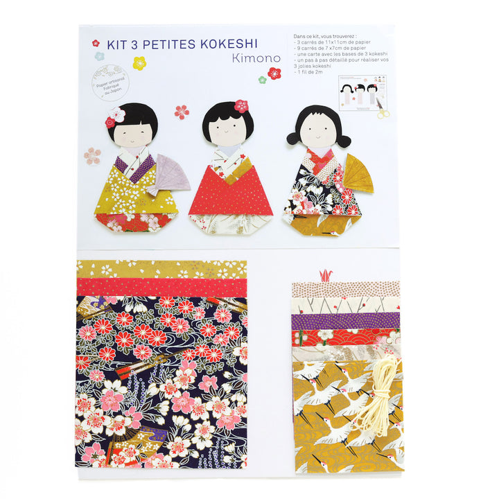 photo packshot du kit 3 petites kokeshi dans les tons violets, rouges, roses, jaune moutarde, crème de la gamme « kimono » adeline klam