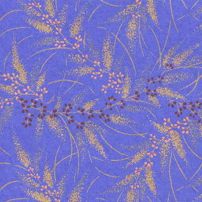 papier japonais yuzen aux motifs de conifères et de baies bleu pervenche, dorés, argentés, corail et marrons adeline klam de 10cm par 10cm