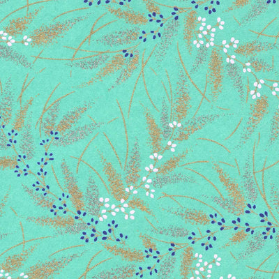 papier japonais yuzen aux motifs de conifères et de baies vert menthe, dorés, argentés, bleu foncé et rose pâle adeline klam de 10cm par 10cm