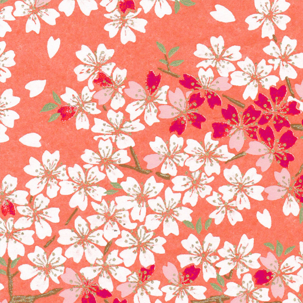 papier japonais au motif de fleurs de cerisier blanches, rose clair et fuschia foncé sur fond corail