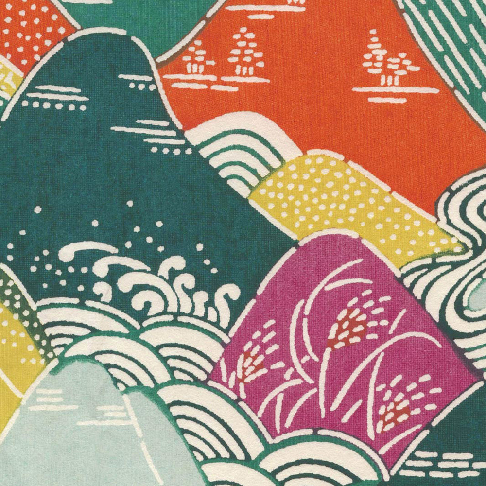 papier japonais katazome aux motifs de montages et de rivières verts, orange, mauve et jaune adeline klam de 10cm par 10cm