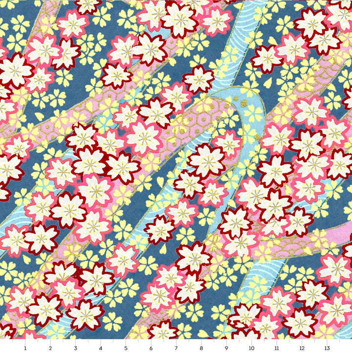 Japanese Paper - Floral Ripples - Pink, Blue, Mauve, Yellow and Gold - M390