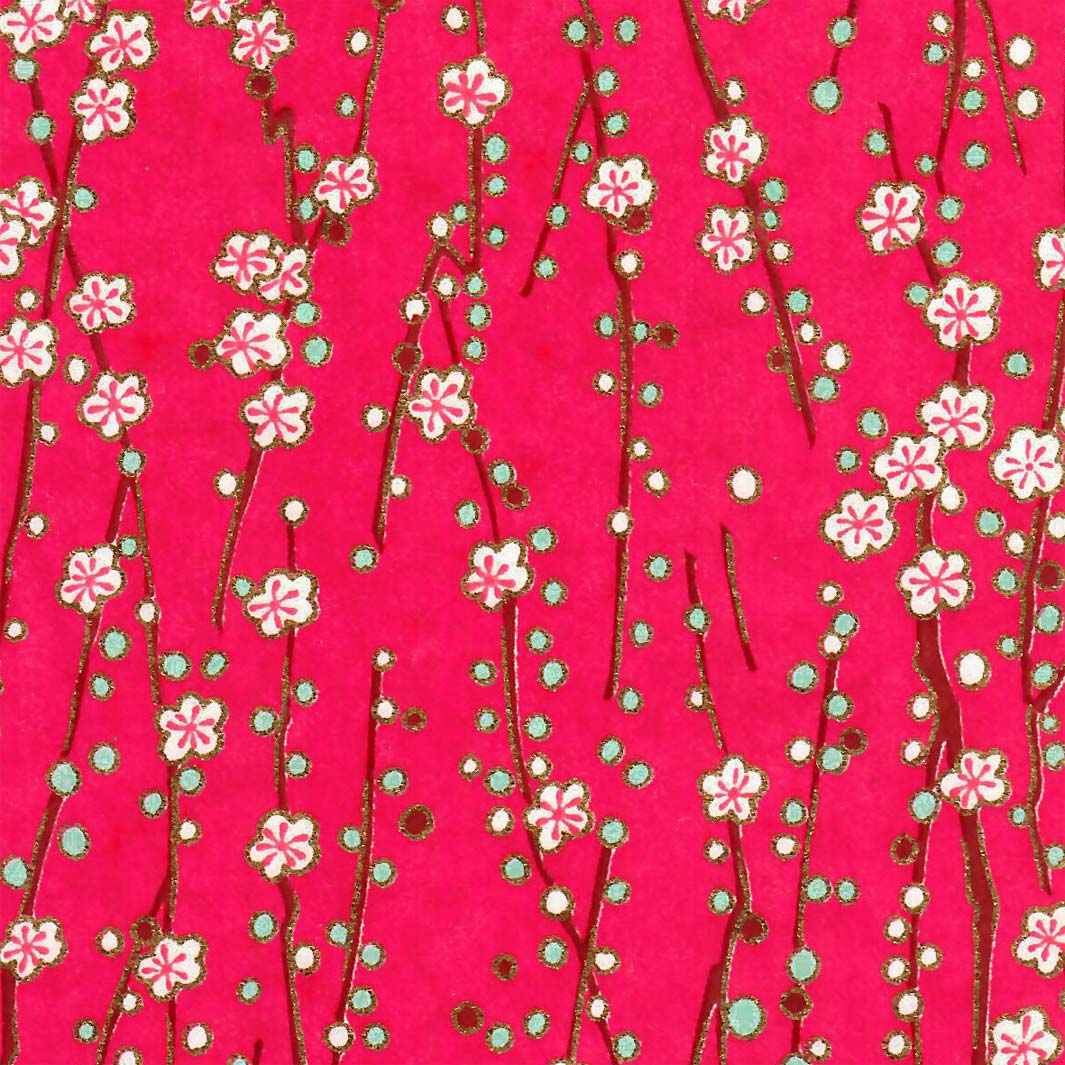 papier japonais aux motifs de branches en fleurs magenta adeline klam de 10cm par 10cm