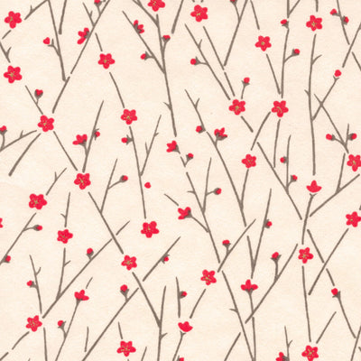 papier japonais yuzen chiyogami aux motifs de fines branches en fleurs rouge clair et grises sur fond beige, crème adeline klam de 10cm par 10cm