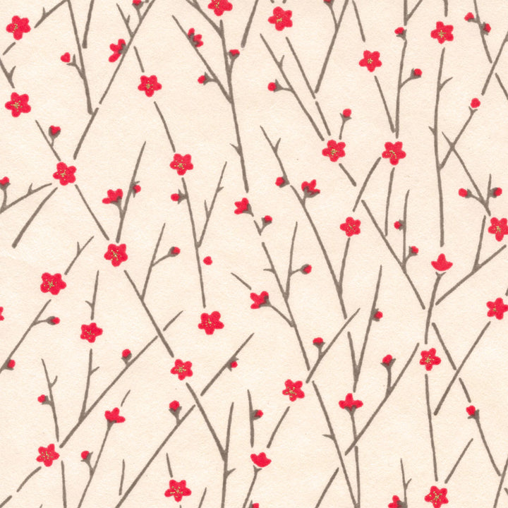 Applique Murale Japonaise - Fines Branches en Fleurs - Rouge Clair, Gris et Crème - M980