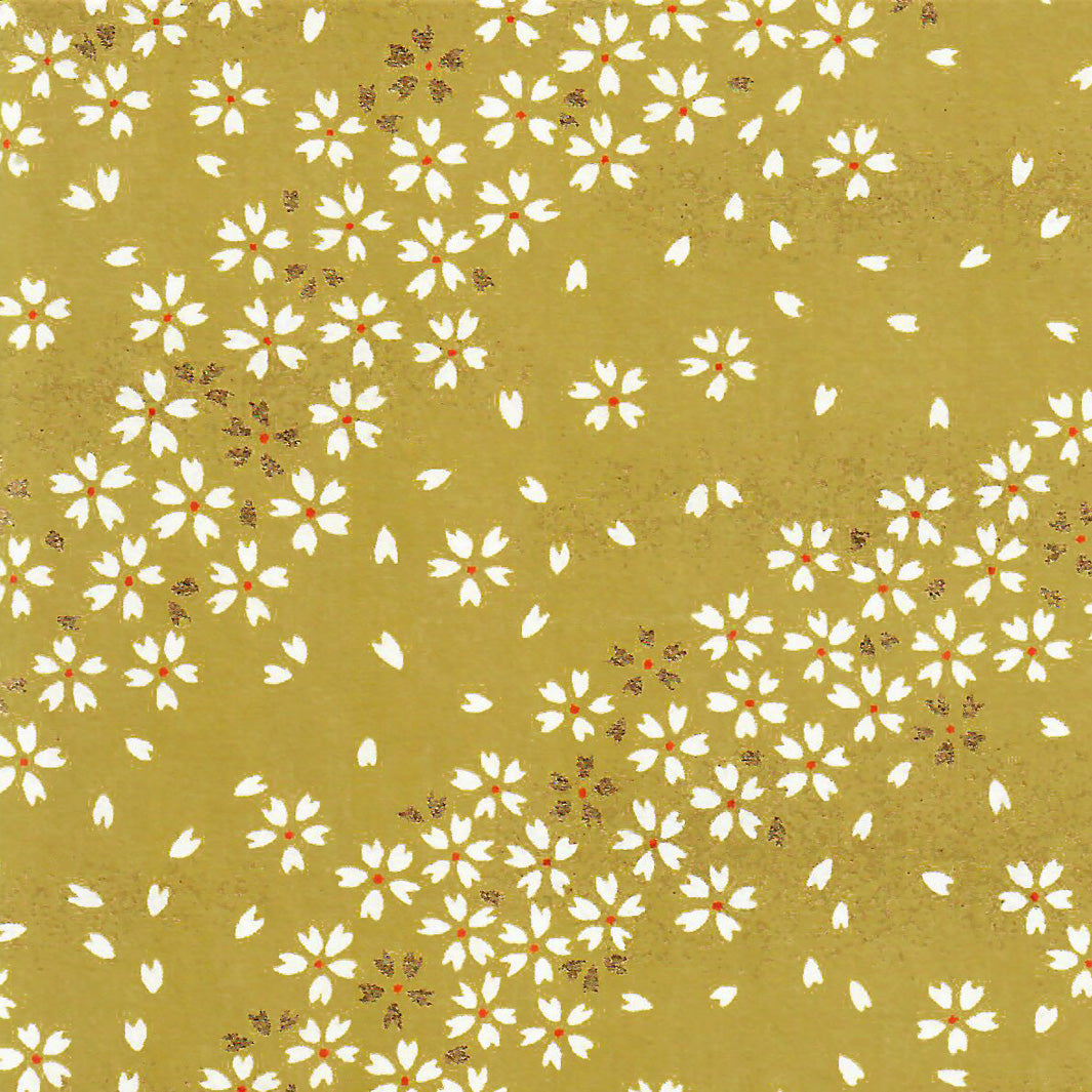 papier japonais yuzen chiyogami aux motifs de fleurs au vent blanches sur fond jaune moutarde adeline klam de 10cm par 10cm (M864)